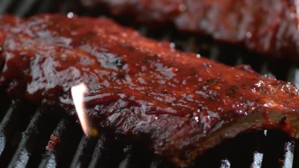 Short Ribs Being Brush Glazed Sweet Bbq Sauce Super Slow — Vídeo de Stock