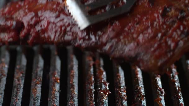 Grilled Pork Ribs Flaming Grill Cook Flips Ribs Grill — Stock video