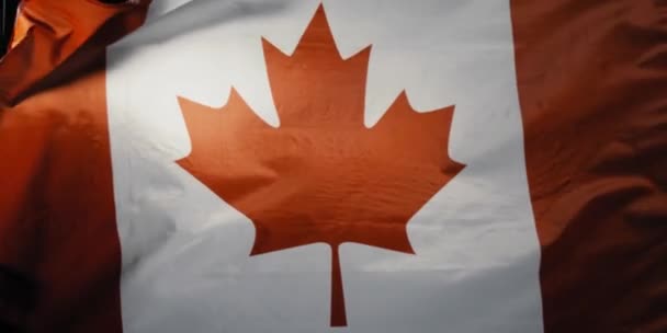Tiro Perto Bandeira Canadá Iluminado Pelo Sol Voando Vento — Vídeo de Stock