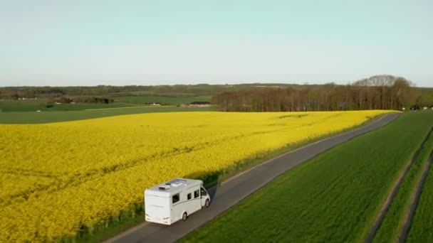 Drone Follows Brown Van Clear Blue Day Caravan Wheels Moves — Stock Video