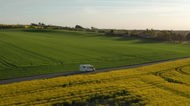 Drone Follows Brown Van Clear Blue Day Caravan Wheels Moves — Wideo stockowe