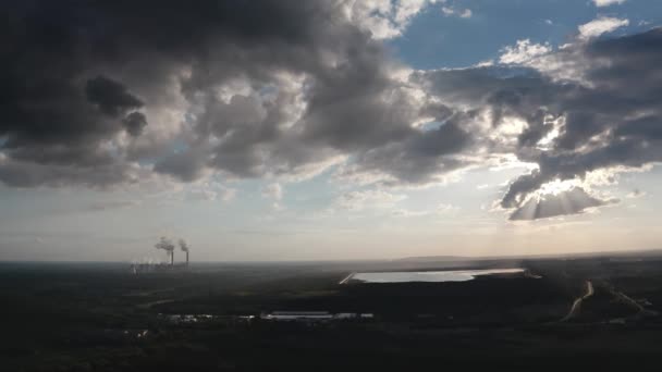 Aerial View Coal Power Plant High Pipes Black Smoke Moving — Video Stock