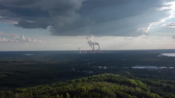 Aerial View Coal Power Plant High Pipes Black Smoke Moving — 图库视频影像