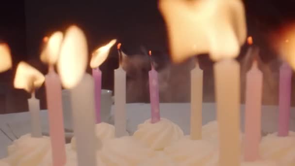 Close Birthday Cake Candles Blown Out Birthday Boy Expressed His — Stock video