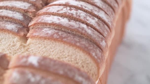 Freshly Baked Natural Bread Kitchen Table Loaf Bread Piece Food — Stock videók