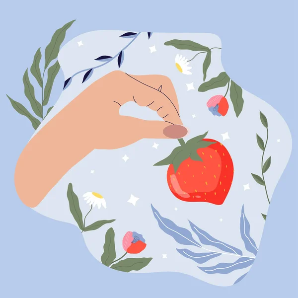 Hand Holding Strawberry Branch Illustration Red Strawberries Fashionable Cartoon Hand — ストックベクタ
