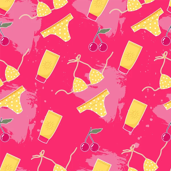 Trendy Summer Pattern Cherry Yellow Swimsuit Abstract Background Bright Summer — ストックベクタ