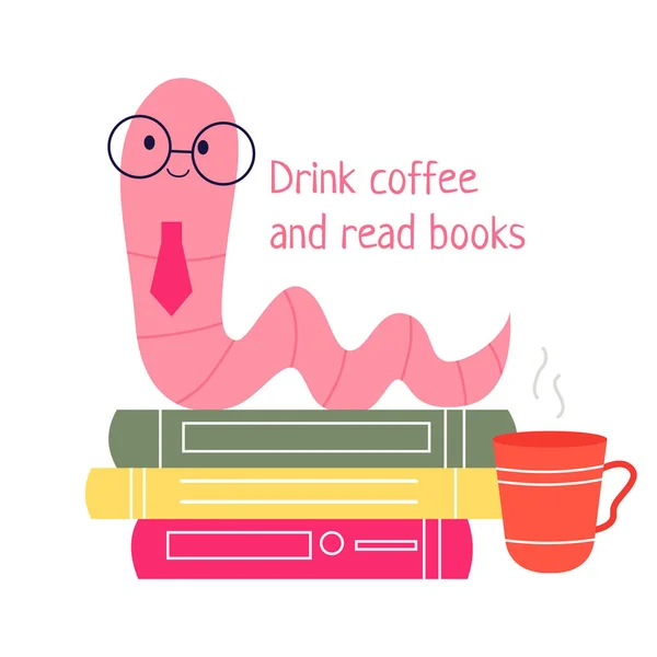 Bücherwurm Handgezeichnete Pädagogische Vektorillustrationen Von Bücherwurm Und Bücher Kaffee Trinken — Stockvektor