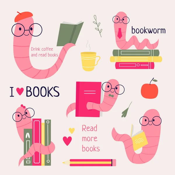 Bücherwurm Lesen Sie Mehr Bücher Ein Satz Verschiedener Bücherwürmer Gläsern — Stockvektor