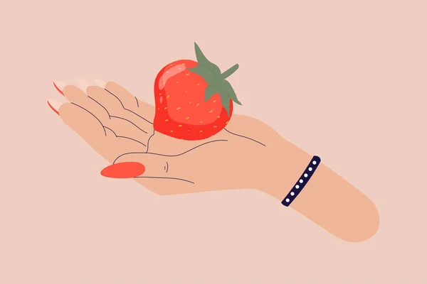 Strawberry Lying Hand Red Strawberry Illustration Fashionable Cartoon Hand Holding — ストックベクタ