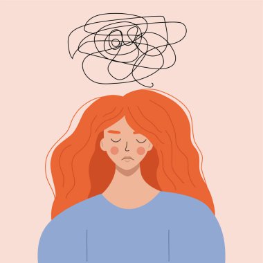 Zihinsel sağlık kavramı. Pozitif düşünme bir düşünce biçimi. Kızın kafasının üstünde depresif düşünceleri sembolize eden bir ev. Düz vektör illüstrasyonu