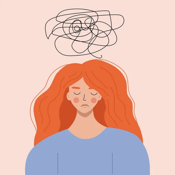 The concept of mental health.Positive thinking as a way of thinking. A house over the girl's head, which symbolizes depressive thoughts. Flat vector illustration