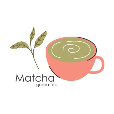 Kibrit yeşil çay. Japon çay kültürü. Matcha latte sağlıklı bir içecektir. Matcha çayı için logo. El çizimi vektör rengi tasviri.