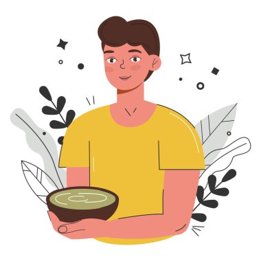 Matcha yeşil çayı genç bir adam servis eder ve içer. Japon çay kültürü. Matcha latte sağlıklı bir içecektir. Bir sürü eşleşen çay ürünleri. El çizimi vektör rengi tasviri.