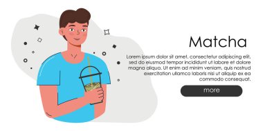 Matcha ile harika bir web sitesi sayfası. El çizimi yeşil içecek web sitesi fikri. Japon çay kültürü. Matcha latte sağlıklı bir içecektir. Kahve dükkanının ana sayfası yeşilimsi renklerde.. 