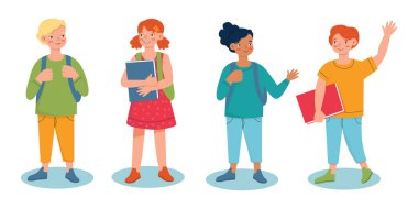 Çocuklar okula geri dönüyor, bir sürü sevimli karakter var. Düz biçimli vektör illüstrasyonu