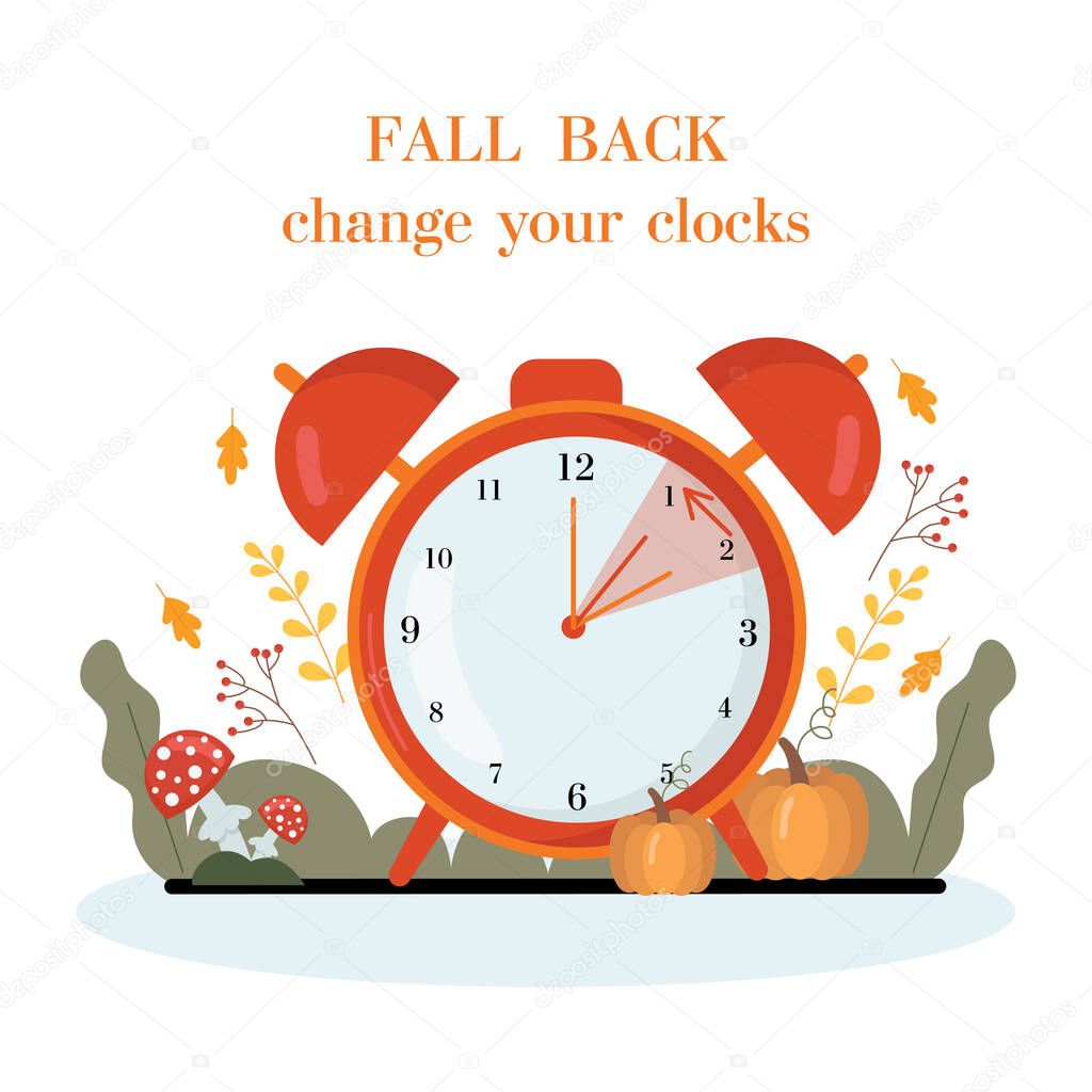 Daylight saving time concept.Alarm clock  on the autumn leaves and pumpkins background. The reminder text - set clock back one hour. Vector illustration