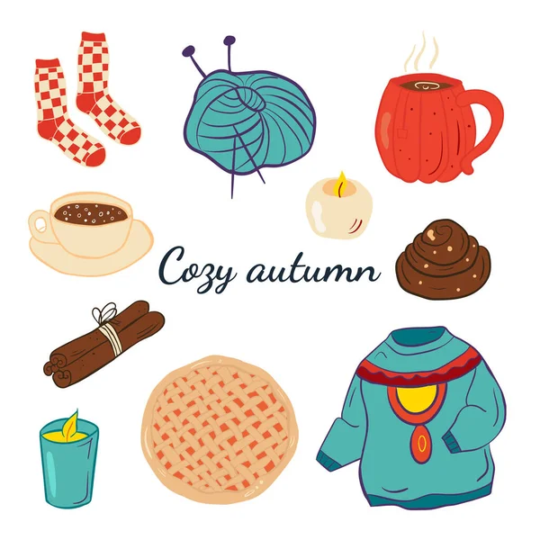 Cute Autumn Set Doodles Cozy Autumn Candles Pie Sinabon Cinnamon — Vettoriale Stock