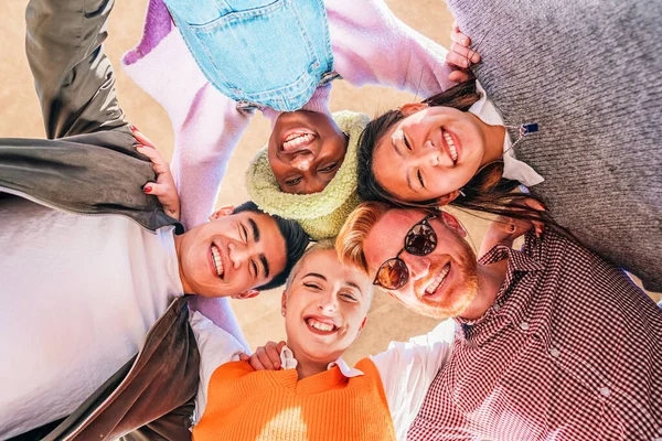 Portrait Close Bottom View Happy Faces Diverse Friends Standing Circle — Stockfoto