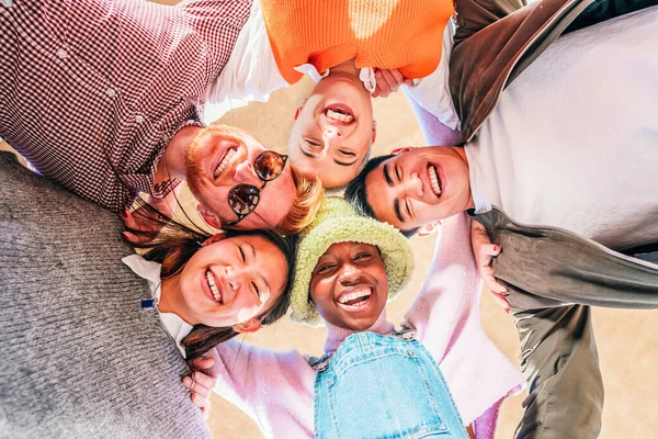 Low Angle View Young Multiethnic Friends Standing Together Smiling Having — Stockfoto