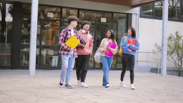 Wieloetniczna Młoda Grupa Nastolatków Spacerująca Mówiąca Klasie Kampusie Uniwersyteckim Plecakami — Wideo stockowe