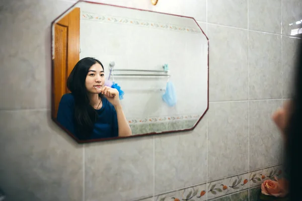 Portrait Happy Smile Young Adult Asian Woman Brushing Teeth Front — Stok Foto