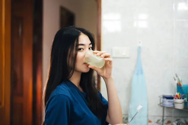 Portrait Happy Smile Young Adult Asian Woman Brushing Teeth Bathroom —  Fotos de Stock