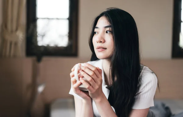 Young Asian Adult Woman Hold Cup Coffee Morning Bed Room —  Fotos de Stock