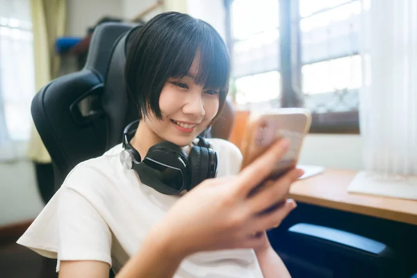 Young Adult Asian Woman Stay Home Concept She Wear Headphone — Stock Photo, Image