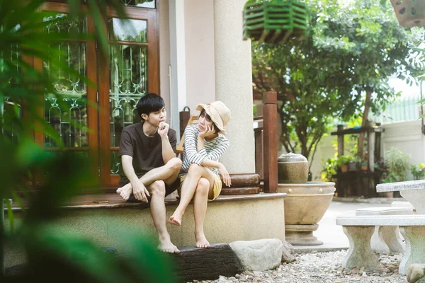 Young Adult Asian Lover Couple Together Living Home Concept Sitting — Stock Photo, Image