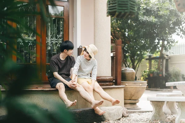 Young Adult Asian Lover Couple Together Living Home Concept Sitting — Stock Photo, Image