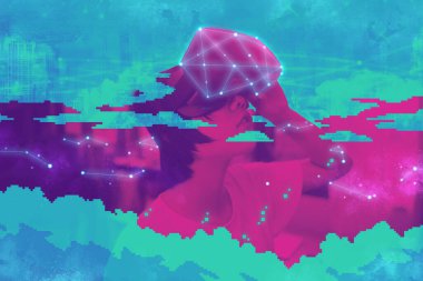 Virtüalite metaverse teknoloji konsepti. Çevrimiçi dijital medya oyunu kullanarak VR kulaklık kullanan insanlar. Siber punk tema neon rengi 8 bit piksel ile değiştirildi.