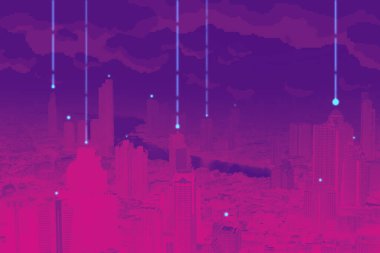 Siber punk temalı gelecekçi hologram şehri. Gelecekteki veri ağında ve iş konseptinde metaçağ teknolojisi artışı. Dijital oyun bağlantısı.