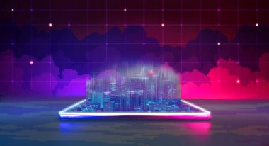 Siber punk temalı gelecekçi hologram şehri. Gelecekteki veri ağında ve iş konseptinde metaçağ teknolojisi artışı. Dijital arazi bağlantısına yatırım. 3B illüstrasyon