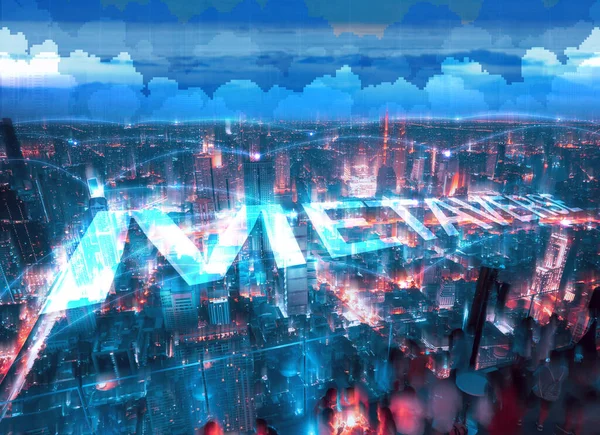 Маніпульоване Місто Цифровою Мережею Підключення Концепції Метаверсій Епохи Піксельна Хмара — стокове фото