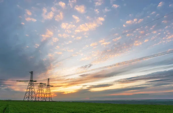 Líneas Alta Tensión Torres Eléctricas Paisaje Agrícola Plano Verde Día Fotos de stock