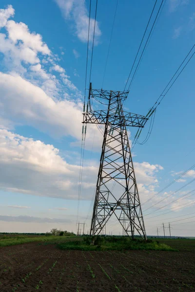 Gecelik elektrik direkleri ve doymuş güzel gökyüzü. dağıtım, iletim ve elektrik tüketimi