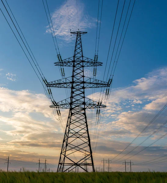 Gecelik elektrik direkleri ve doymuş güzel gökyüzü. dağıtım, iletim ve elektrik tüketimi