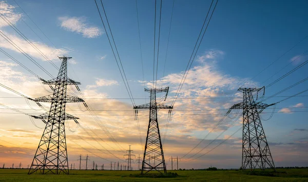 Yüksek voltaj hatları ve elektrik direkleri doymuş günbatımı gökyüzüne karşı yeşil tarımsal bir alanda.