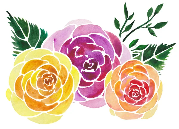 장미와 나뭇잎 을묘사 수채화 카드와 디자인을 — 스톡 사진