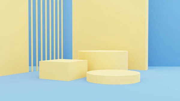 Yellow podiums on pastel background. Abstract minimal scene with geometrical. Scene to show cosmetic products presentation. Mock up design empty space. Showcase, shopfront, display case,3d render