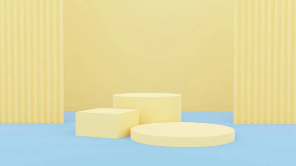 Yellow podiums on pastel background. Abstract minimal scene with geometrical. Scene to show cosmetic products presentation. Mock up design empty space. Showcase, shopfront, display case,3d render