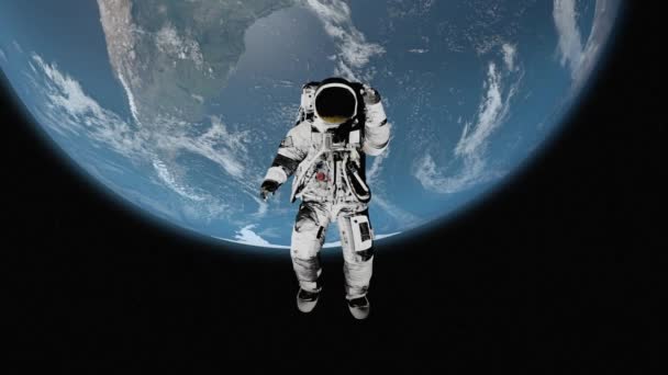 背景に地球とカメラに手を振る宇宙飛行士の3Dアニメーション ルママット付き Nasaによって提供されたこの画像の要素 — ストック動画