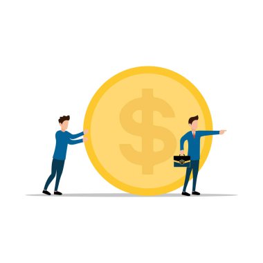 Business people businessmen pulls a big coin. business financial concept. Flat vector illustration in modern flat style.