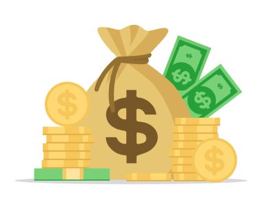 Para için. Para çantası, yığınla bozuk para ve beyaz arka planda izole edilmiş düz tasarım banknotlar. Bütçe, fon, yatırım kârı, gelir veya varlık, 10 vektör illüstrasyonu