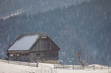 Eski bir ev ve arkasında Bucegi dağları olan kış manzarası. Transilvanya 'da Drakula' nın şatosu ve Karpatya dağları yakınlarındaki bir köyde.