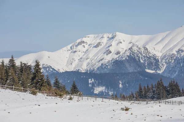 Winterlandschaft Mit Altem Haus Und Bucegi Bergen Hintergrund Einem Dorf — Stockfoto