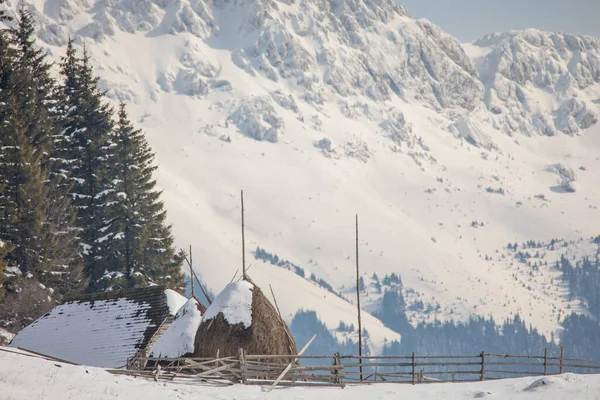 Winterlandschaft Mit Altem Haus Und Bucegi Bergen Hintergrund Einem Dorf — Stockfoto