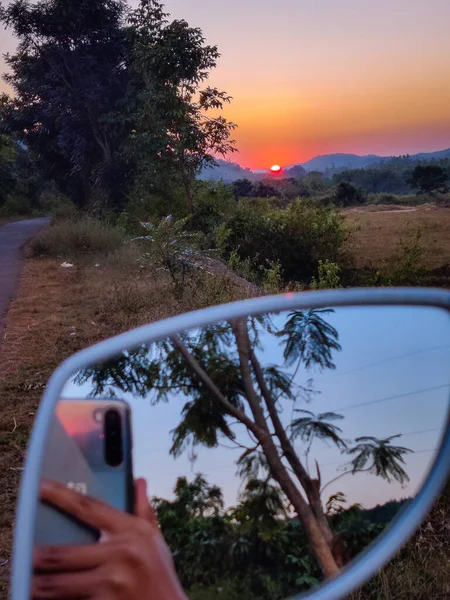 Woman Taking Selfie Smartphone Rear Mirror — Foto Stock