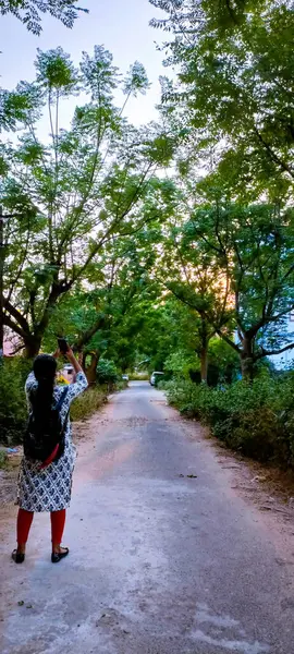 Young Woman Dress Walks Park — Foto Stock